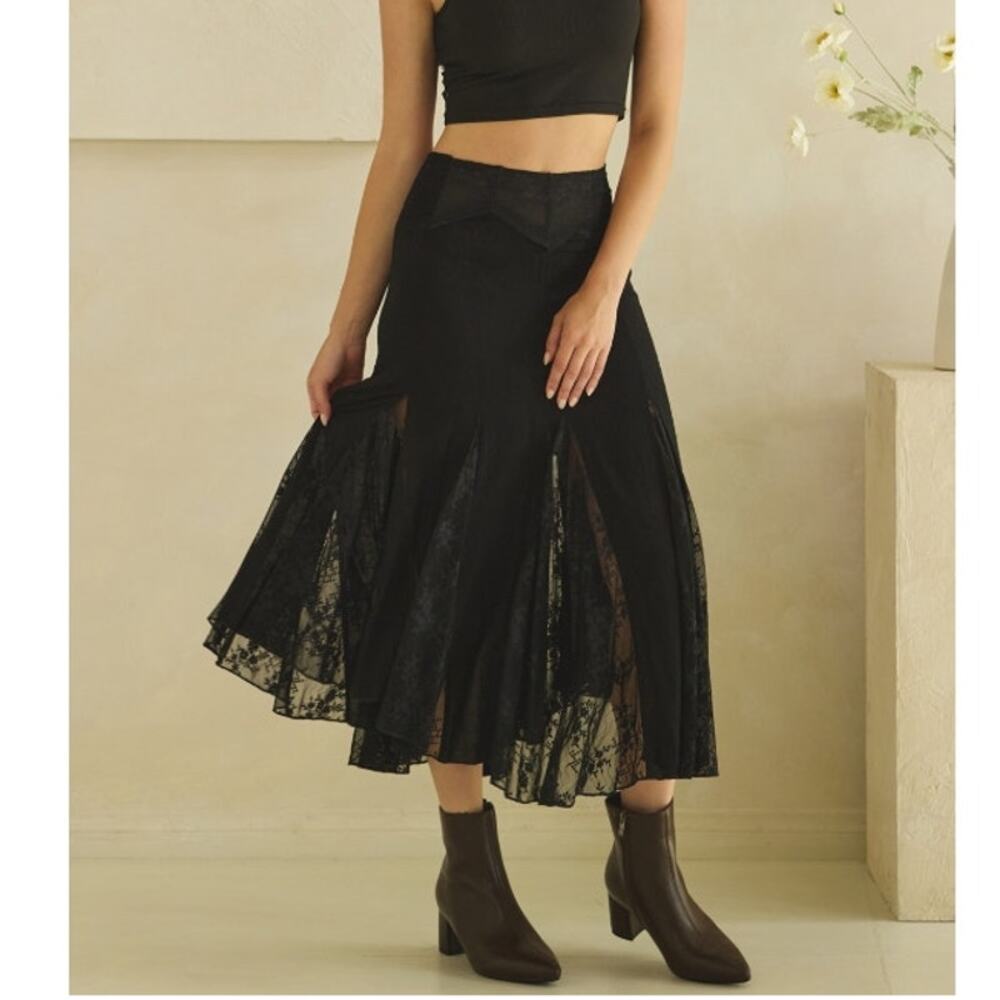 Oli & Hali Black Mineral Wash Lace Panel Maxi Skirt XL - Romantic Boho